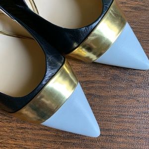 Ivanka Trump black, white & gold heels